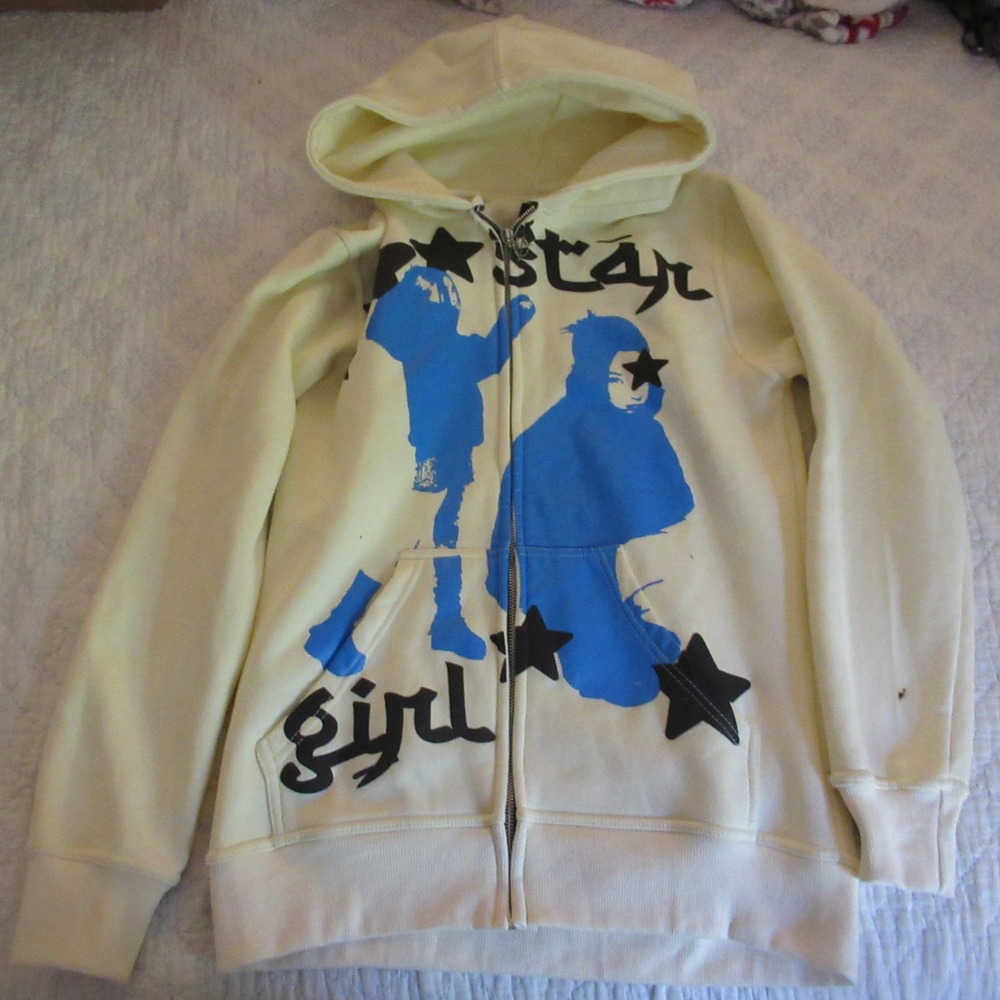 PHOLOH  Star Girl Graphic Zip Up Hoodie Small cream Y2K Streetwear Sweatshirt